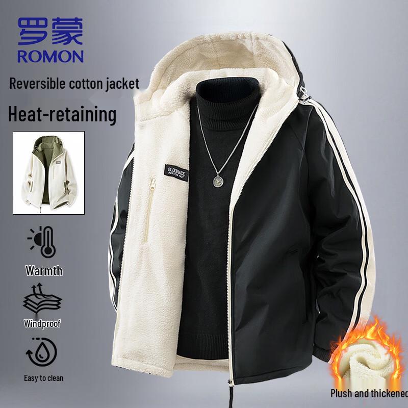 ROMON Men s Reversible Fleece-Lined Hooded Padded Jacket 4XL