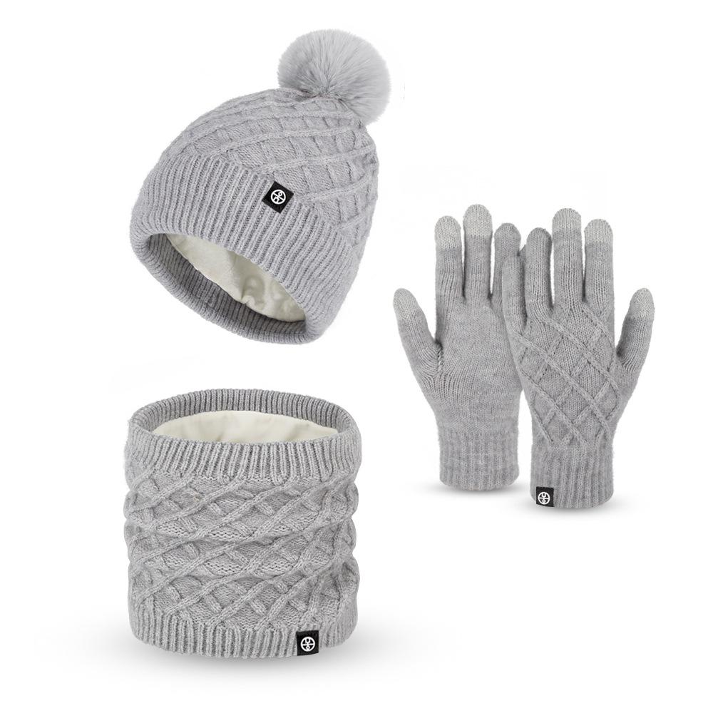 Winter Warm Hat, Scarf, Gloves, Knitted Three-piece Set, Piled Thickened Pattern Hairball Ear Protection Hat, Cold Protection Set