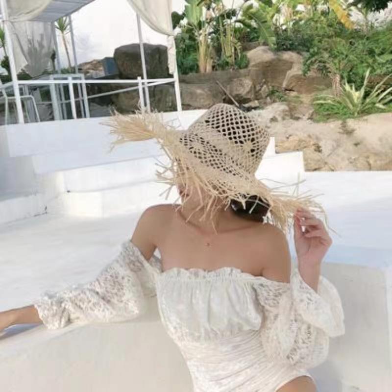 Summer Ins Travel Vacation Wind Hollow Raffia Straw Hat Women's Big Brim Shading Sun Protection Burr Edge Temperament Beach