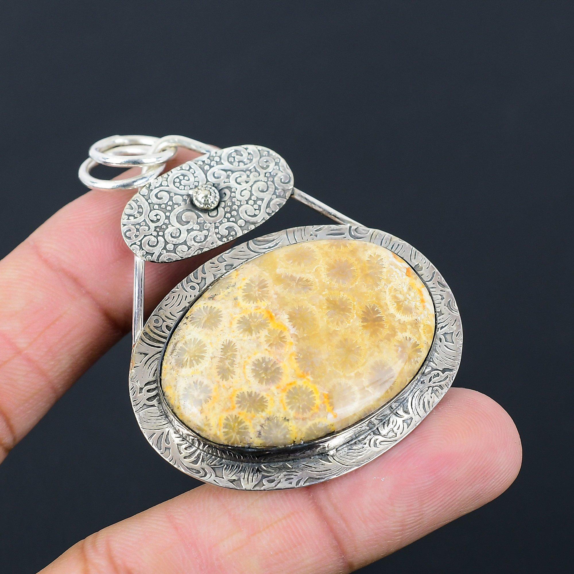 

Sisters Day Deal Fossil Coral Stone Anniversary Wife Pendant Jewelry 925 Silver