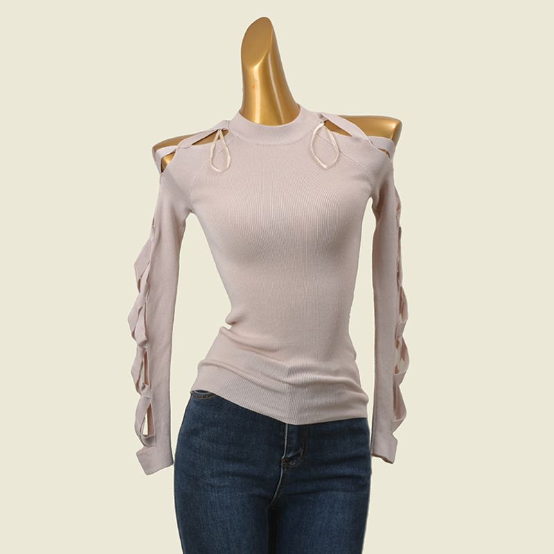 Export Stylish Cut Out Long Sleeves Knitwear Sexy Silm Early Autumn High Elasticity Pullover Keep Warm Tops