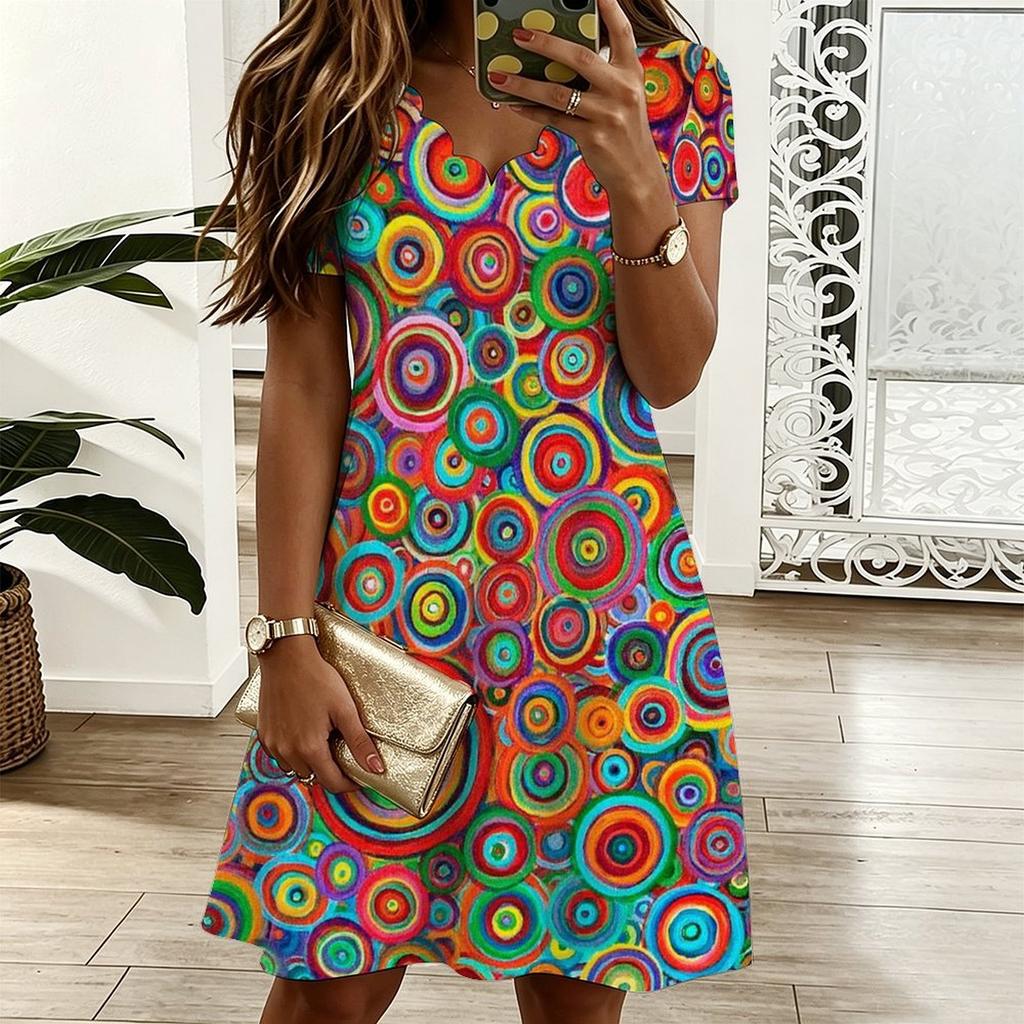 Women Plus Size V Neck Short Sleeve Dress Vintage Printed Loose A Line Dress Suitable For Outdoor And Daily Activities