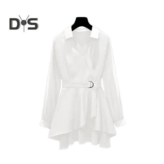 

Женская рубашка с лацканами, длинным рукавом, узким поясом, пуловер, однотонный цвет, неровный подол, рубашка средней длины L белый