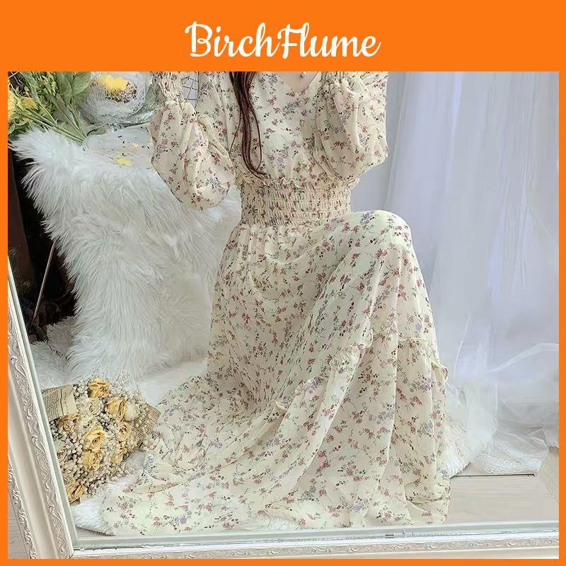 Floral Chiffon Midi Dress With High Waist And Ruffle Hem For Spring Casual Wear