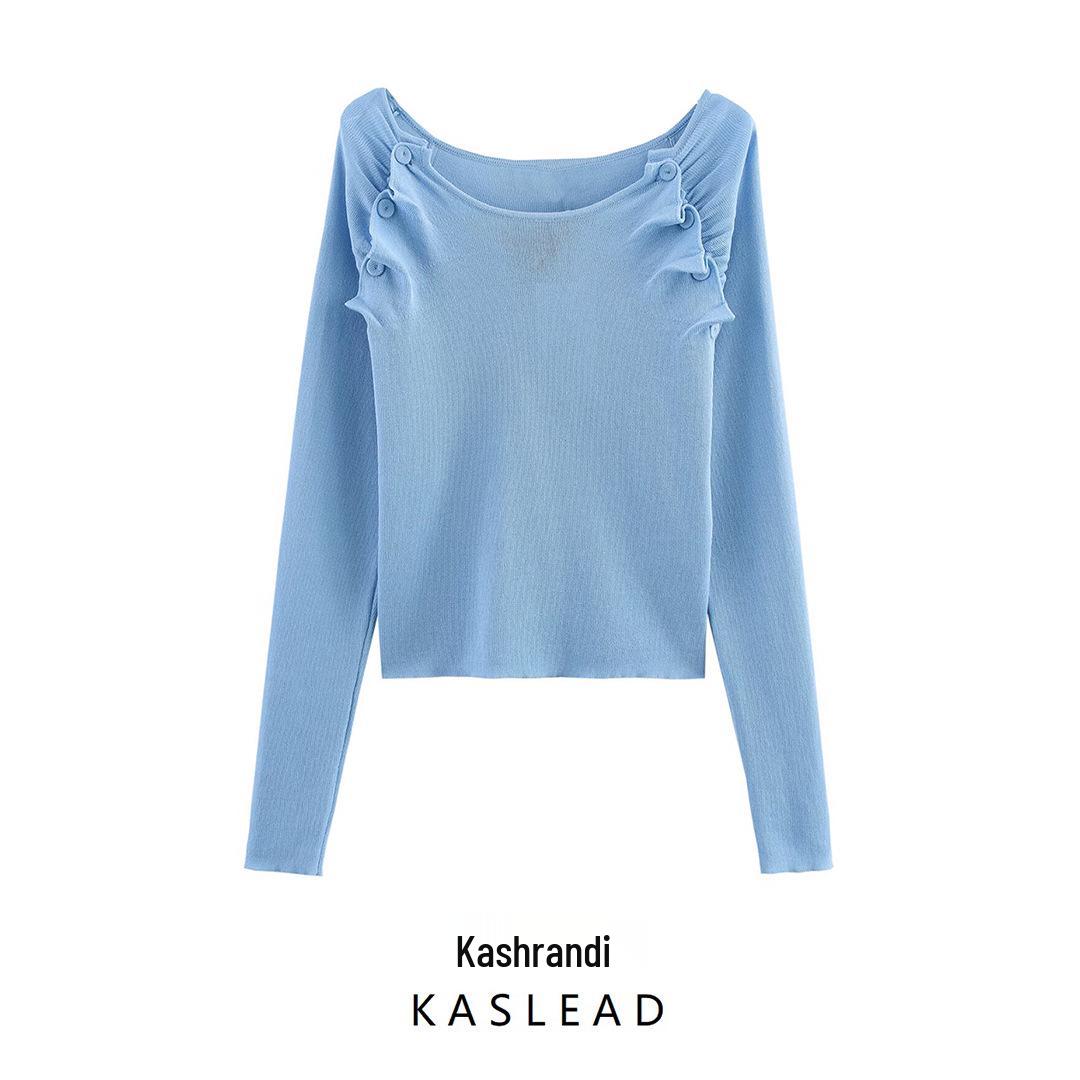 

2025 Spring Women s European and American Style Fashion Knit Top with Pleated Design S синій