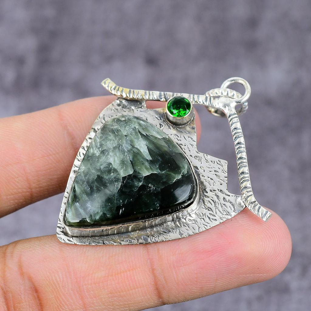Natural Seraphinite, Diopside Gemstone 925 Sterling Silver Pendant 2.28" ET-1559