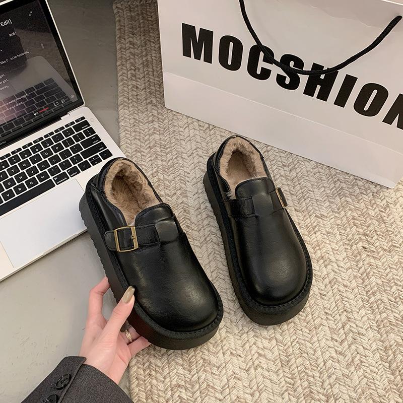 Mao Mao Shoes Women Wear New Autumn and Winter Platform Small Leather Shoes with One Pedal, Plush Warm Snow Boots Cotton Shoes