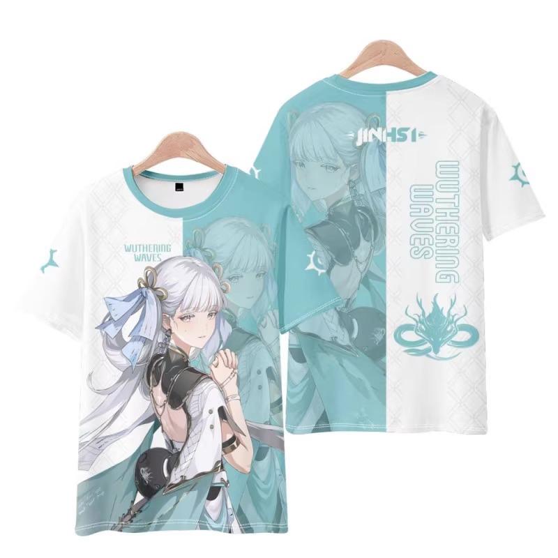 Spiel Anime Charakter 3D Gedrucktes T-Shirt, Beidseitig Rot Weiß Grafik Kurzarm Lässiges Streetwear Oberteil