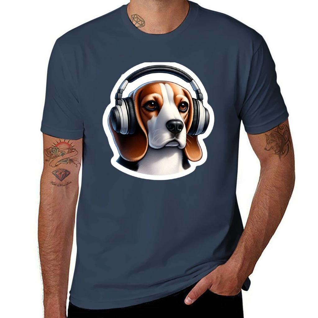 Dog With Headphones Beagle Tshirt Classic Crew Neck Cotton Tshirt