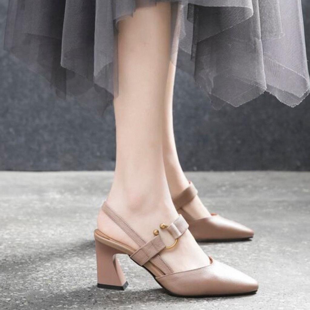 Pointed high-heeled sandals women's shoes summer new first-layer cowhide thick-heeled bag head empty fashion shoes