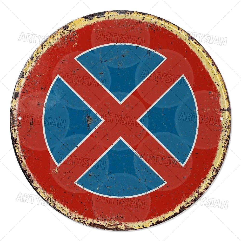 Vintage Retro Traffic Signs Collection HD Print Metal Tin Sign Featuring Unique Circular Warning Prohibition Plates (No C