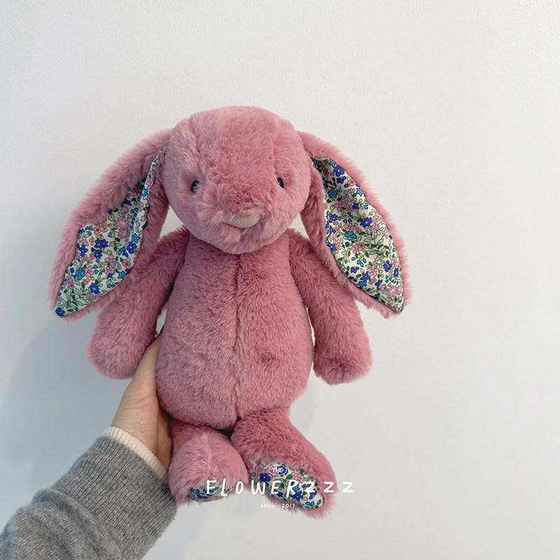 Cute Long Ear Bunny Plush Toy Floral Stuffed Rabbit Doll Comfortable Soft Cuddly Fluffy Bunny Plushie Birthday Gift Room Decor