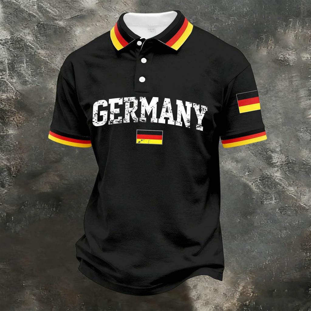 Unisex Casual Loose Fit Short Sleeve Polo Shirt with Germany Inspired Graphic Print and Button Collar for Everyday Wear