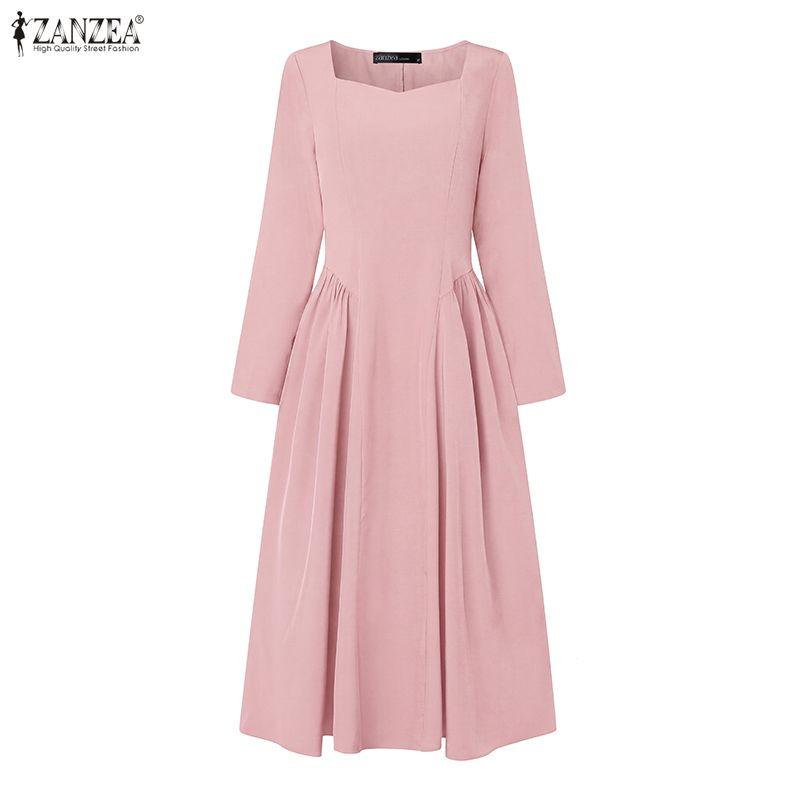 ZANZEA Dames Vierkante Hals Lange Mouwen Geplooide Hoge Taille Elegante Feest Midi Jurk