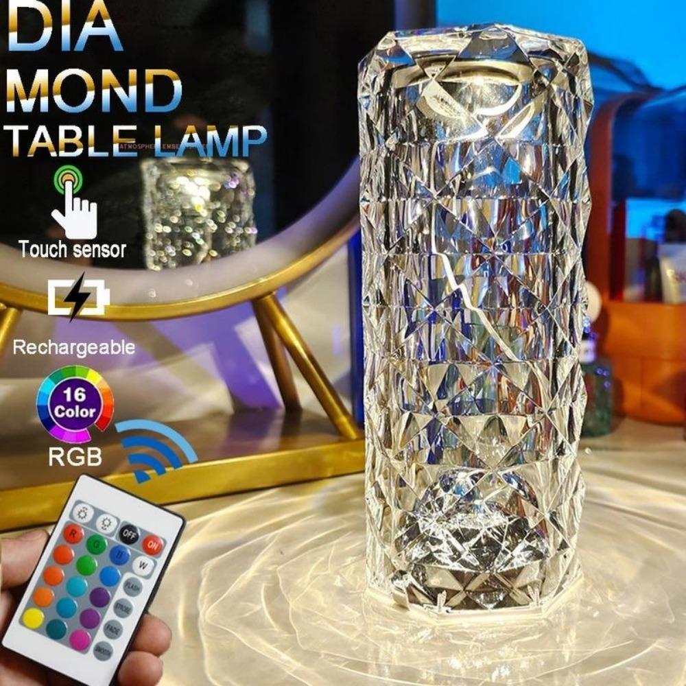 Lámpara de mesa de cristal Amill, lámparas de diamante remotas táctiles de 3/16 colores, decoración de habitación, atmósfera, luz de noche junto a la cama, luces de proyector de escritorio