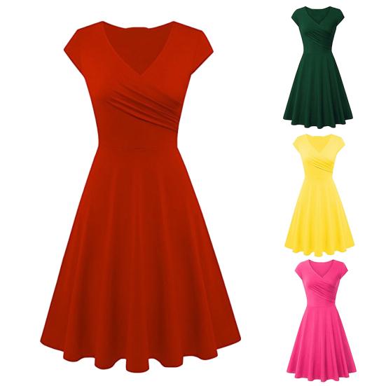 Fashion Women Solid Color V Neck Short Sleeve Plated Swing Party Banquet Dress