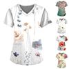 Damen-Top mit Blumendruck, kurzärmelig, V-Ausschnitt, Arbeitsuniform, Taschenbluse