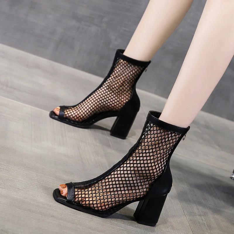 Summer Fashion Mesh Fish Mouth Short Tube High Heels Hollow Women Breathable Sandalias Mujer Boots Platform Zapatos Para Mujeres