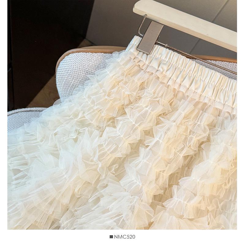 Korean Ballet-Inspired High-Waisted Ruffled Mesh A-Line Layered Skirt for Women, Autumn 2025