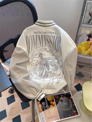 Men's Autumn/Winter Loose Fit Baseball Jacket with American Embroidery and Leather Sleeves