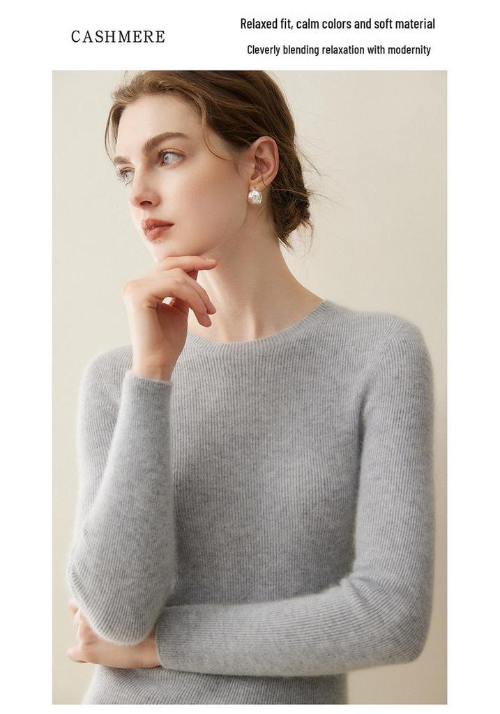 2026 Autumn/Winter Women's 100% Pure Cashmere Slim Fit Round Neck Long Sleeve Sweater
