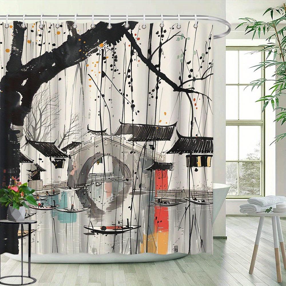 1pc Chinese Landscape Shower Curtain Ink Painting Bridge View Bathroom Decor Polyester Fabric with 12 Hooks