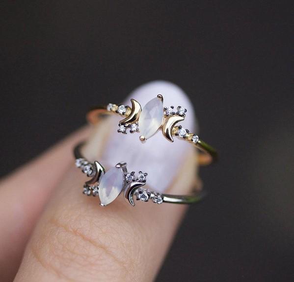European  American Fashion Rhinestone Marquise Cat Eye Moon Ring for Women Size 6