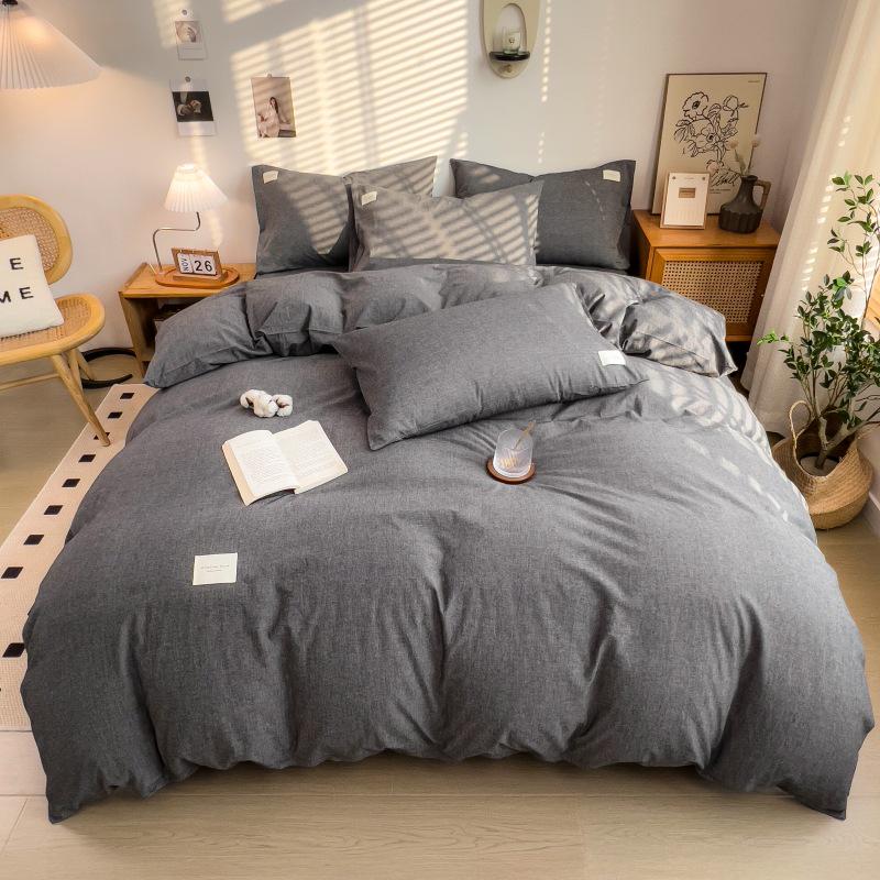 Muji-Inspired Plaid Water-Washed Cotton Duvet Cover Set - Minimalist Brushed Four-Piece Bedding Set