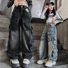 Cargo Jeans for Girls Spring Loose Casual Elastic Waist Teenage Children Wide Leg Pants Design Streetwear Kids Trousers
