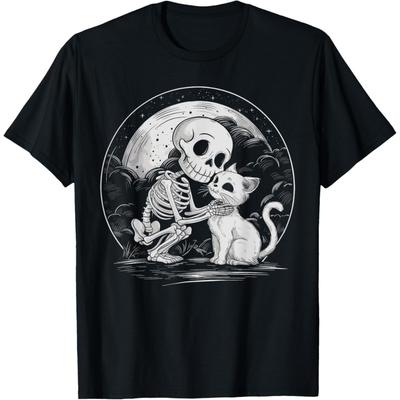 SHAAMOU Skeleton Cat Skull Kitty Cute Goth Halloween Costume T-Shirt (Black, Large)