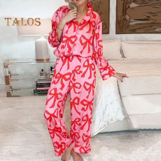2-teiliges Set mit Schlafanzug für den Valentinstag, Revers mit Schleife und Knopfleiste, Langarmhemd, elastische Taille, Hose mit weitem Bein, Homewear, lässiges Outfit, Frühlingsnachtwäsche