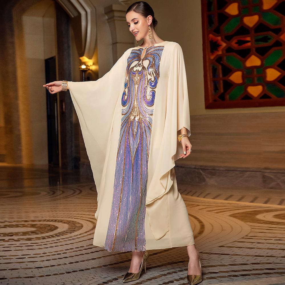 Gold Multi-layer Lotus Leaf Sleeve Positioning Sequin Embroidery Light Luxury Robe Muslim Dress