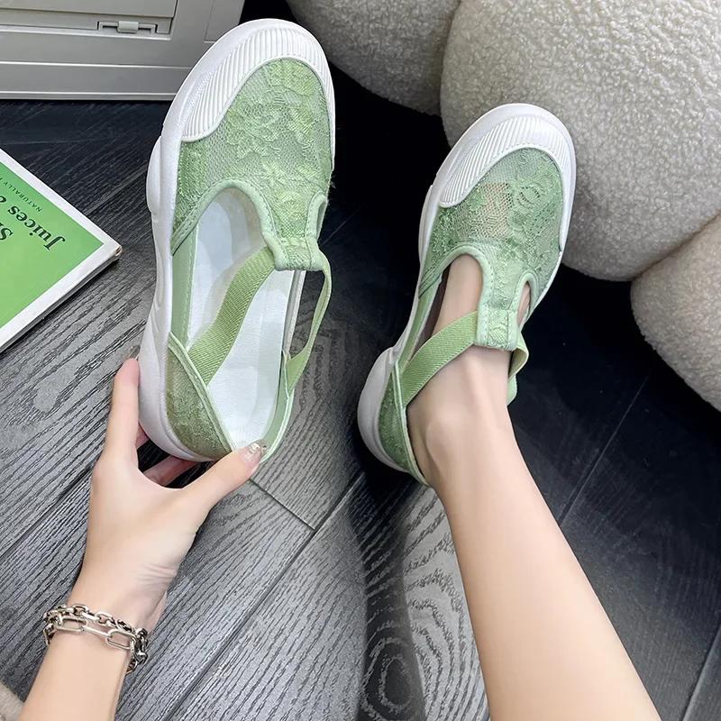 Lace Little White Shoes Women's 2025 Summer New One-pedal Platform Sandals Hollow Fisherman Shoes Breathable Flat Shoes