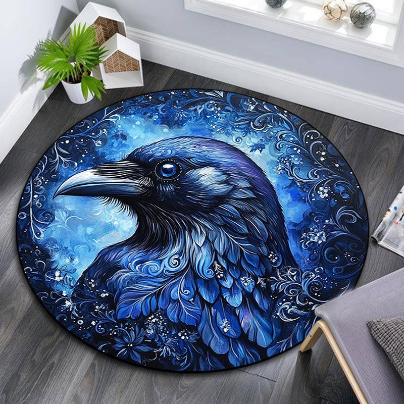 Blue Raven Round Area Rug,Carpet Rug for Living Room Bedroom Sofa Playroom Decor,Non-slip Floor Mat