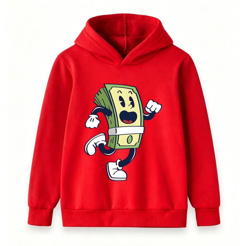 Kids Boys Girls Pullover Hoodie, Retro Cartoon Running Dollar Bill Character Print Casual Long Sleeve Hooded Sweatshirt for Daily Wear and Outdoor