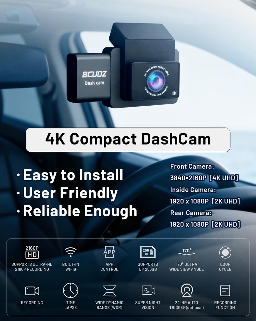 4K Ultra HD Dashcam with Wireless WiFi, 180° Ultra-Wide Angle, 360° Full Coverage Around the Vehicle, Night Vision, Emergency Lo