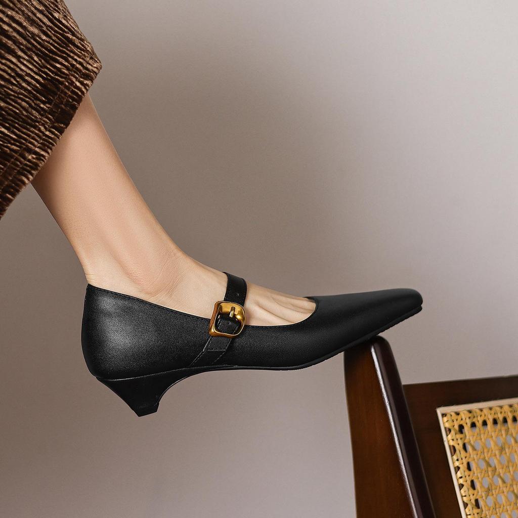Krazing Pot Microfiber Square Toe Thick Med Heels Spring Summer Shoes Big Size 43 Metal Buckle Beauty Women Shallow Pumps