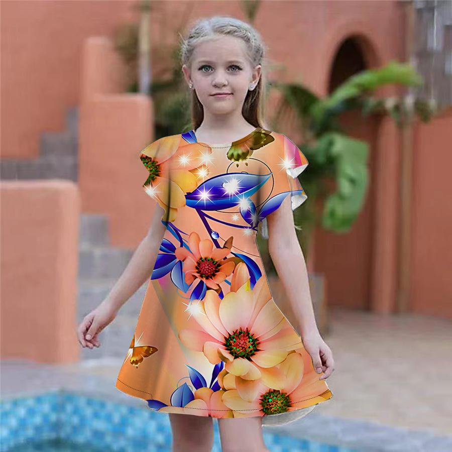 Girls Sparkling Flowers Print Dresses Kids Girl Party Dress Loose Fitting Loose Fitting Short Sleeved Skirt For Girls Over Four Years Old