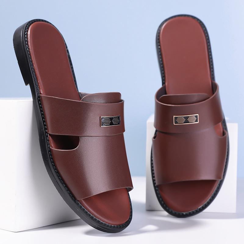 Pantoufles pour Hommes Pantoufles en Cuir de Luxe Été Nouvelles Pantoufles à Bout Ouvert pour Hommes Sandales Plates Décontractées Grande Taille 48 Chanclas Hombre