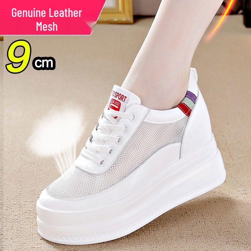 Women's Genuine Leather High Heel Mesh Shoes - 10cm Lift, Thick Sole, Spring Style, White
