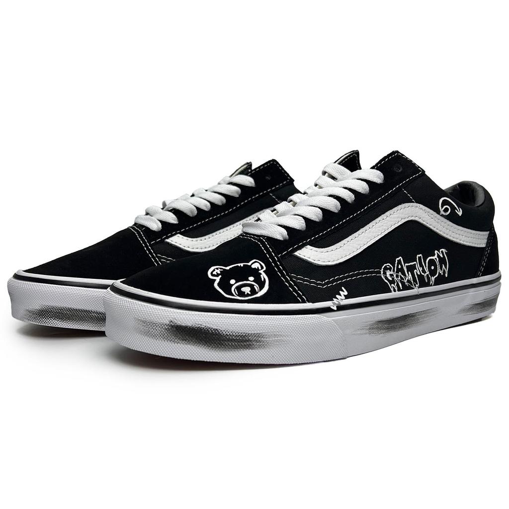 Vans Old Skool Graffiti Bear Slip Resistant Abrasion Resistant Low Top Skateboard Shoes Unisex Black White VN000D3HY28(Team285-)