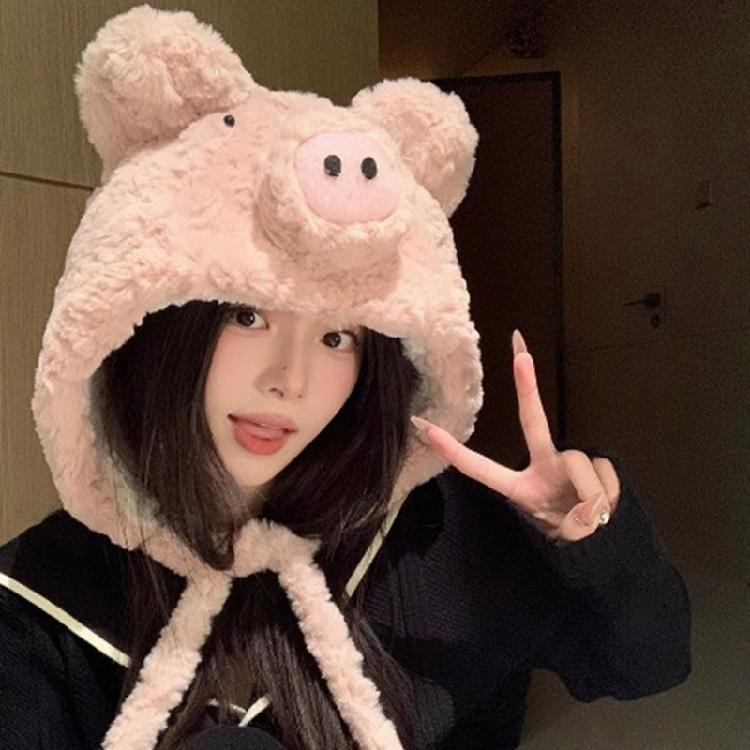 Winter Warm Plush Pig Ear Earflap Hat for Women Girl Furry Beanies Hat Outdoor Activity Cold Weather Skull Hat Headwear