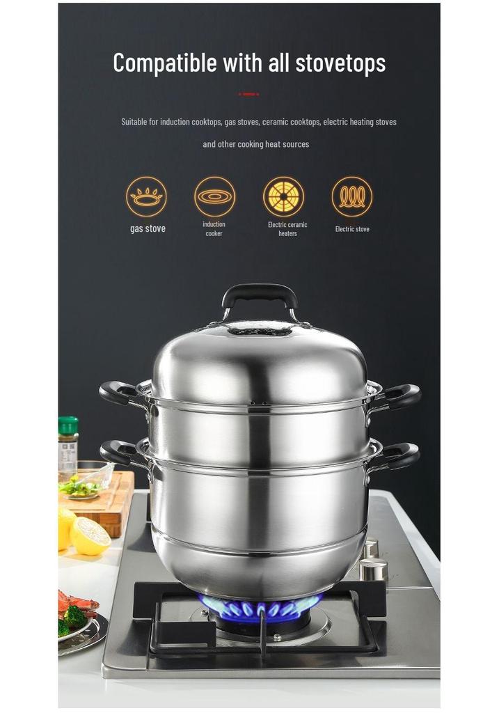 304 Stainless Steel Double Layer Steamer Pot for Induction & Gas Stoves - Multi-Functional, Thickened, Food Grade