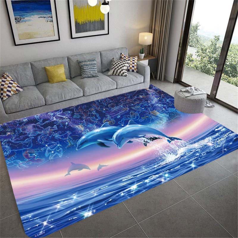 Beautiful Universe Purple Sky Zodiac Rug Living Room Bedroom Large Rug Aesthetic Floor Mat Ocean Dolphin Galaxy Whale Rug