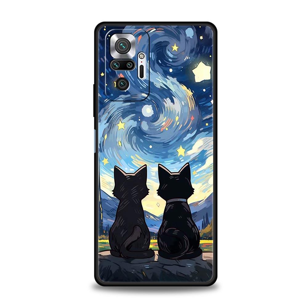 Cat Van Gogh Starry Sky Phone Case For Xiaomi Redmi Note 14 13 5G 10 11 12 Pro Plus 4G 14C 13C 12C 10C Black Cover