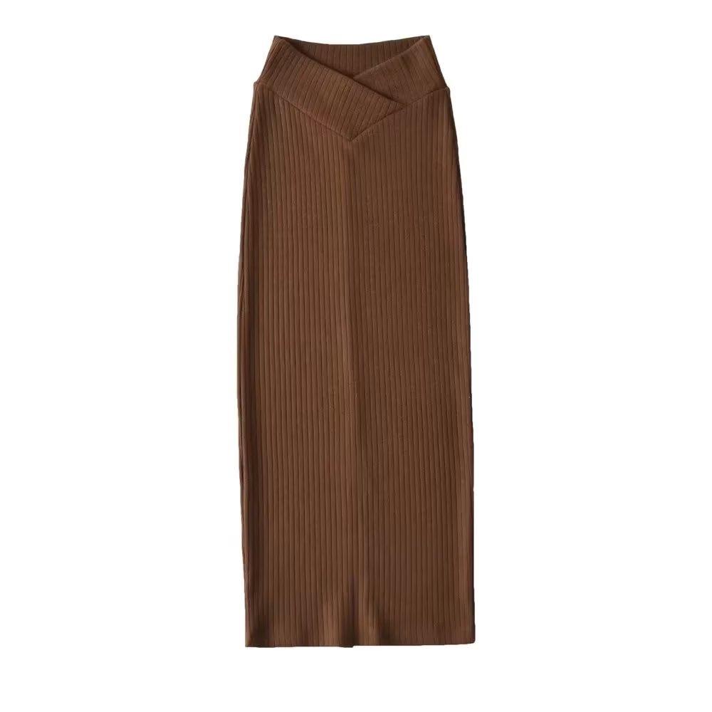 Trendy Women's European & American Style V-Neck High Waist Knitted Midi Skirt with Back Slit