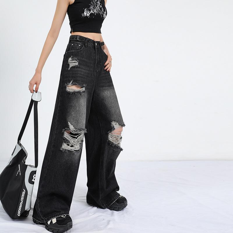 Retro High Street Ripped Jeans for Women Fashion Straight Denim Trousers Baggy Wide-leg Pants Y2k Streetwear Female Plus Size