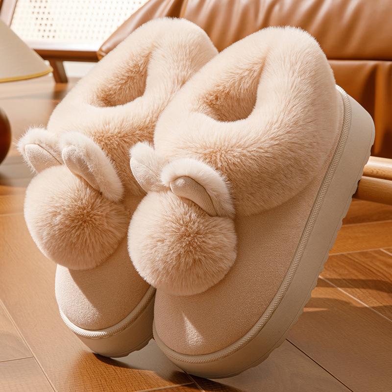 Women Warm Indoor House Slippers with Fluffy Ears & Pom Poms, Matching Couple Family Slides for Autumn Winter