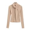 2026 Spring Korean Style Elegant Lace-up Faux Cashmere Long Sleeve Women's Top with Scarf