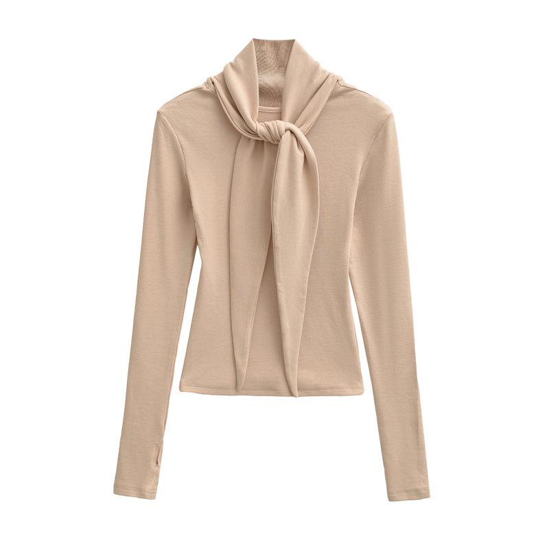 2026 Spring Korean Style Elegant Lace-up Faux Cashmere Long Sleeve Women's Top with Scarf